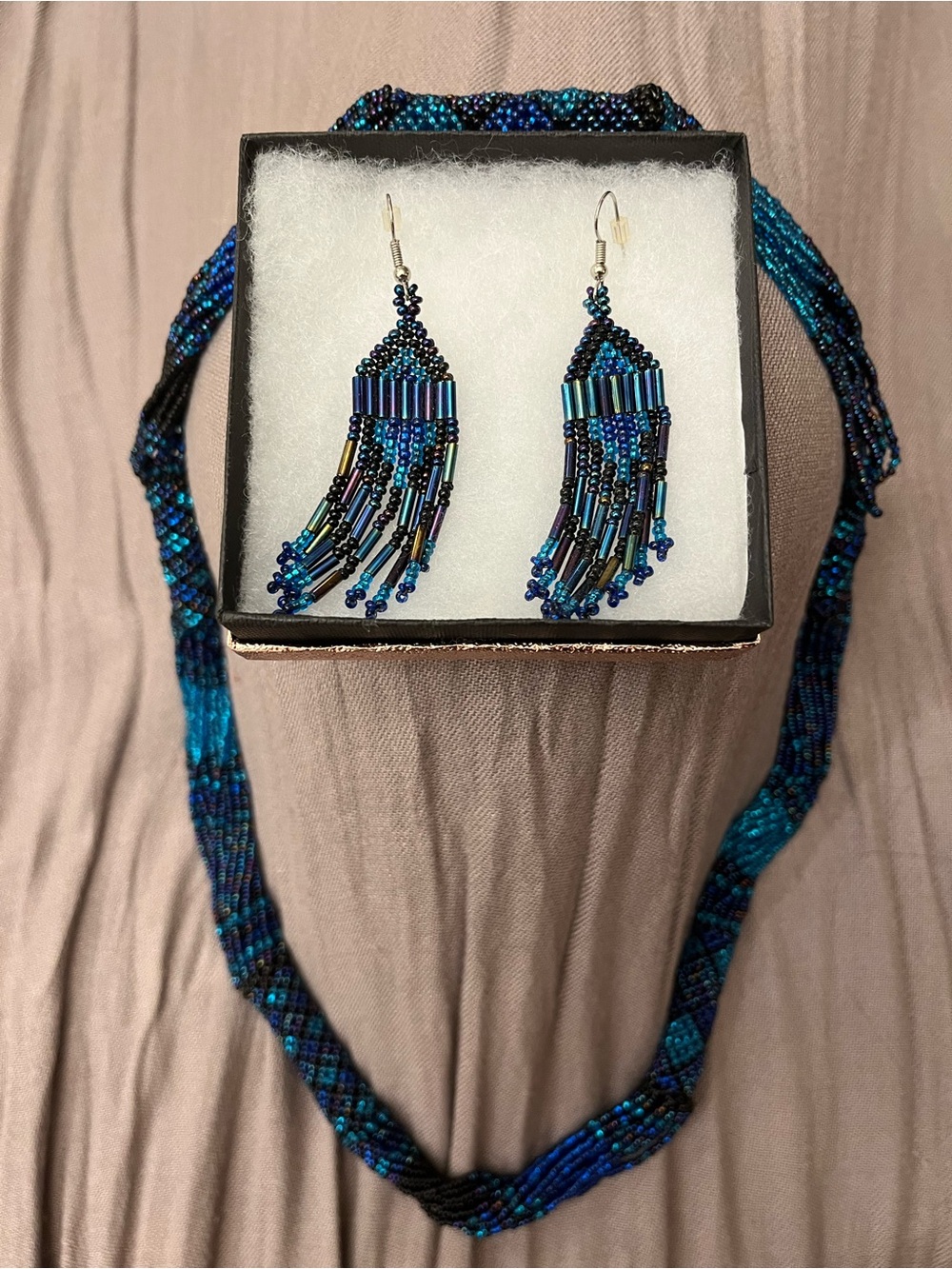 Handcrafted Seed Bead Blue Beaded Fringe Earrings and Necklace Set